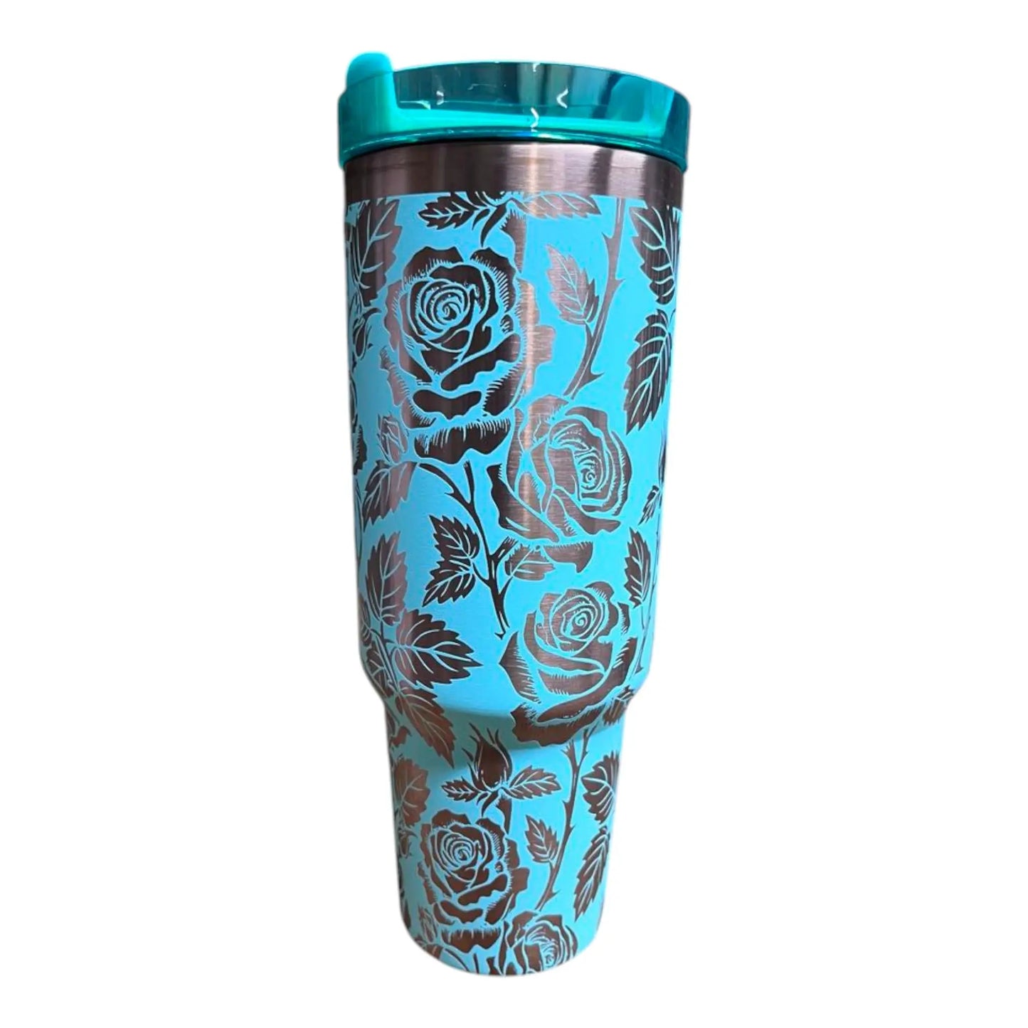Teal Rose Tumbler: Gold Engraved Stainless Steel 40oz Cup Handmadeohio