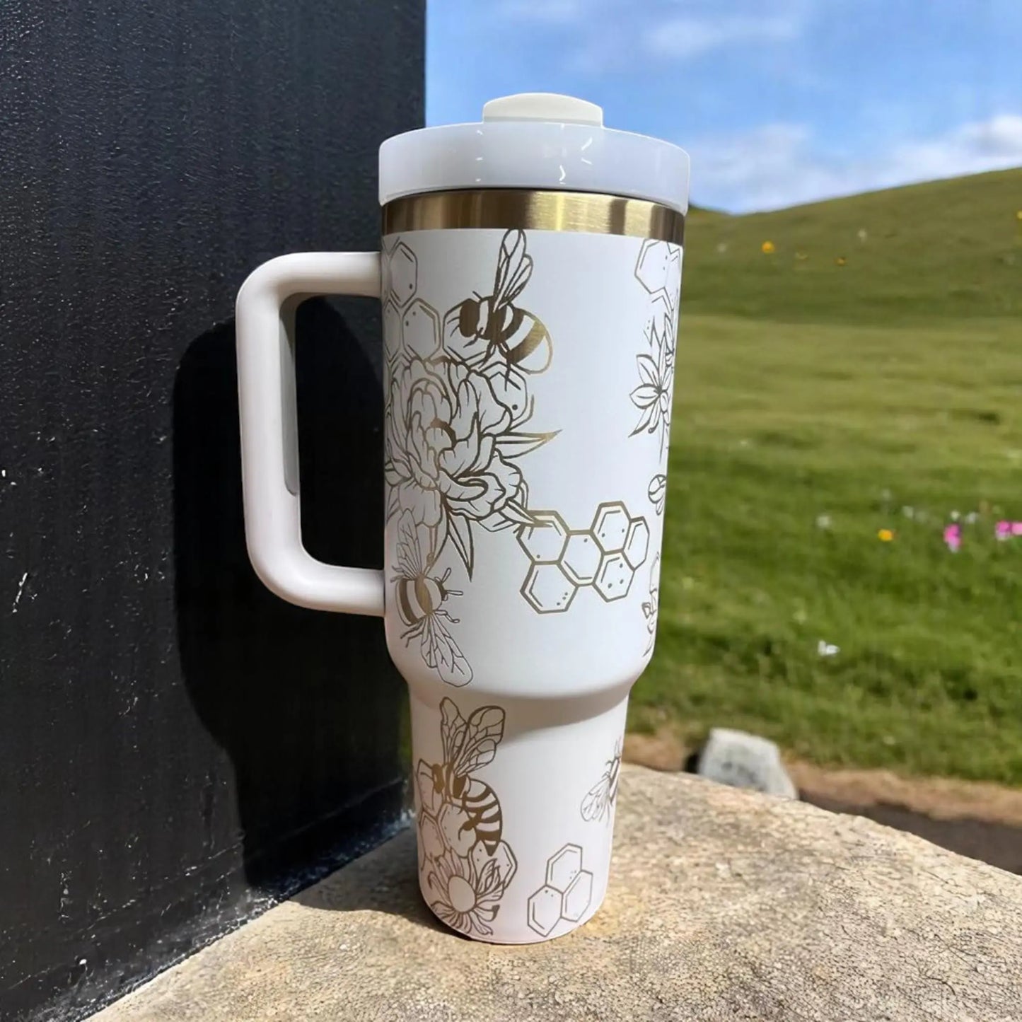 Cream 40oz Tumbler: Gold Bee Laser Engraved Insulated Drinkware Handmadeohio