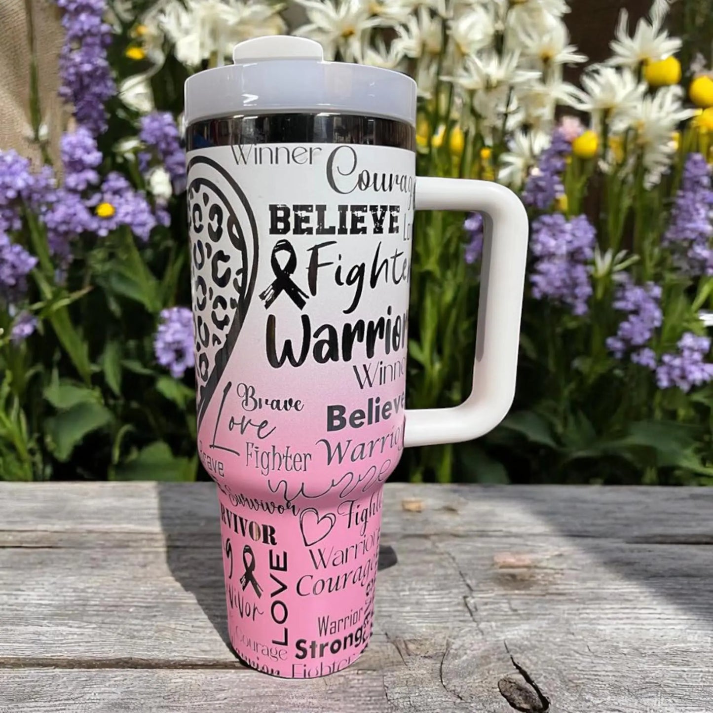 Breast Cancer Survivor Tumbler 40oz: Pink Ribbon Insulated Stainless Steel Travel Mug Handmadeohio