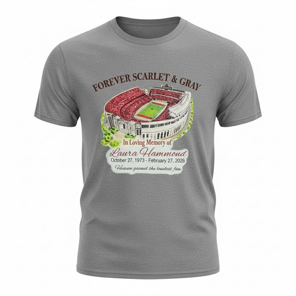 Gray t-shirt with stadium graphic and text on a white background