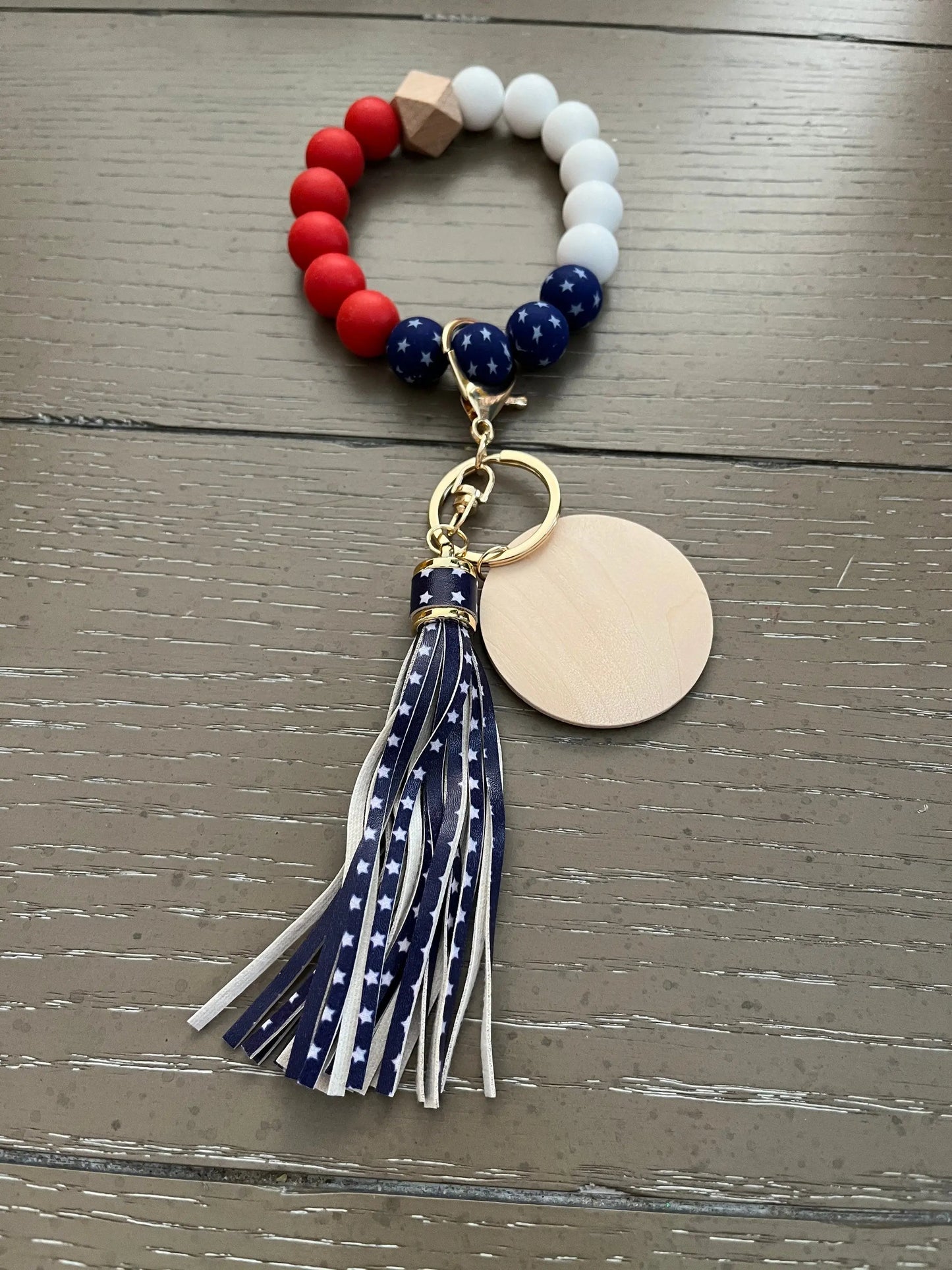 American Flag Beaded Bracelet Keychain: Engraved Wood Disk & Tassel Handmadeohio