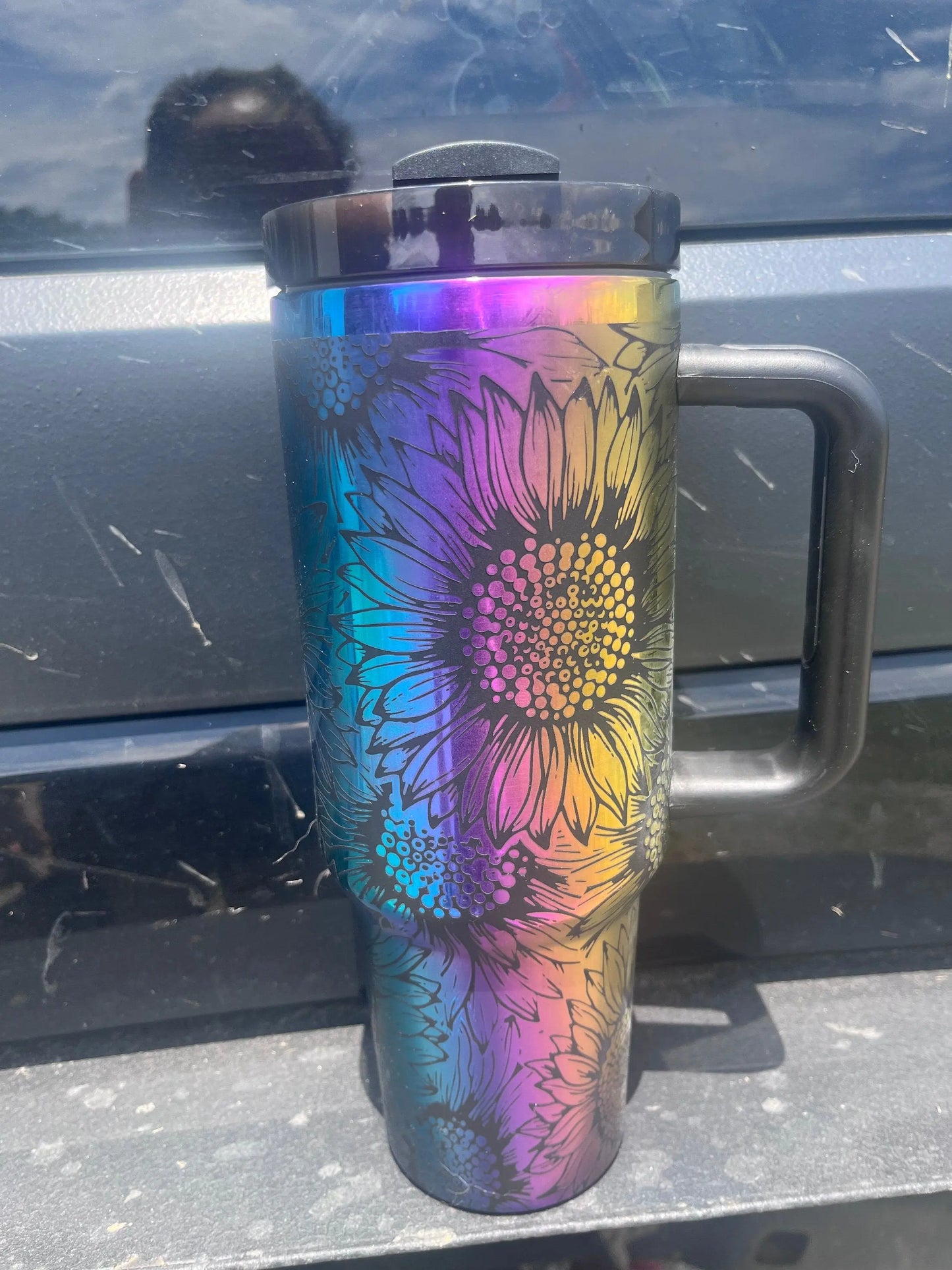 Rainbow Mirror Sunflower Tumbler - Laser Engraved 40oz Handmadeohio
