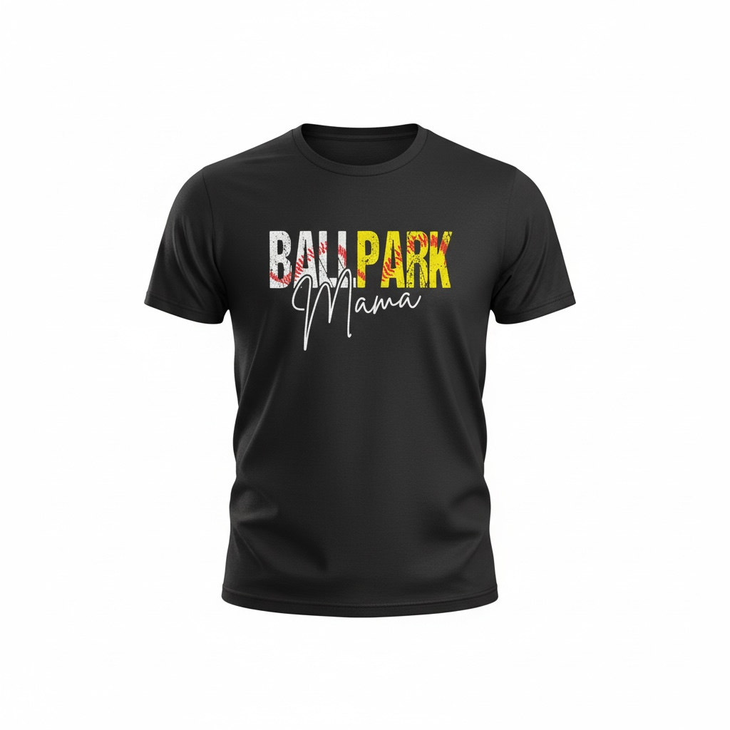 Ballpark Mama baseball mom t-shirt with distressed graphic design on black tee for softball and baseball game day apparel
