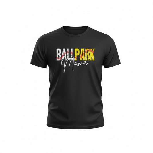 Ballpark Mama baseball mom t-shirt with distressed graphic design on black tee for softball and baseball game day apparel