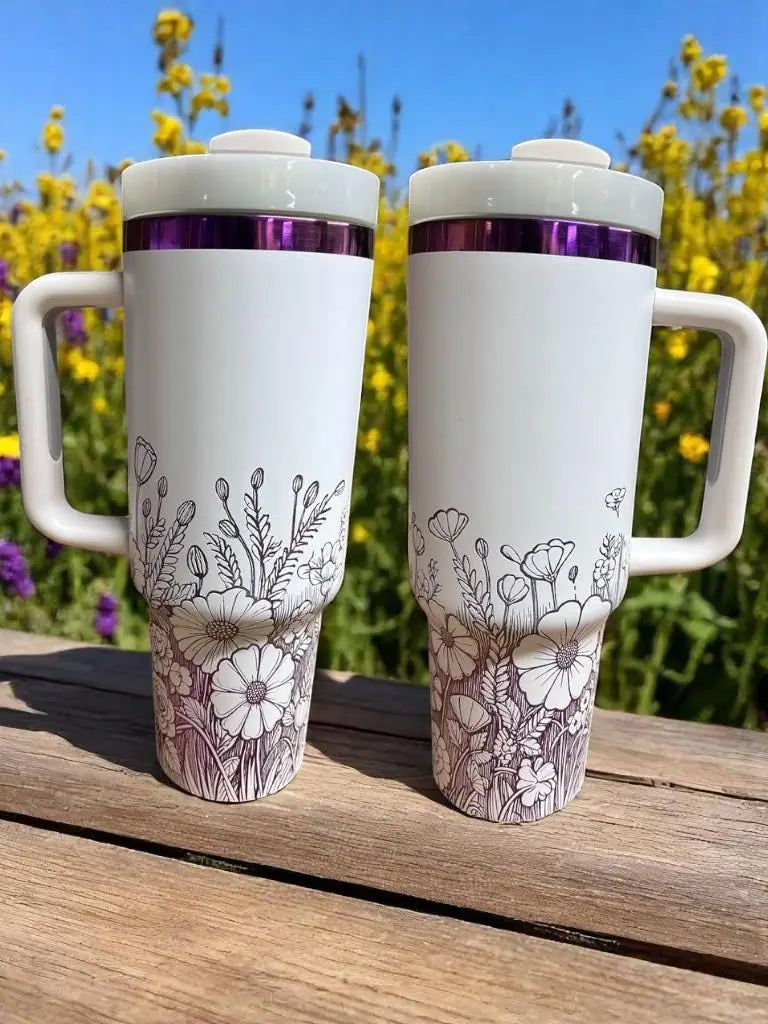 Floral 40oz Tumbler: White Insulated Cup with Purple Flowers Handmadeohio