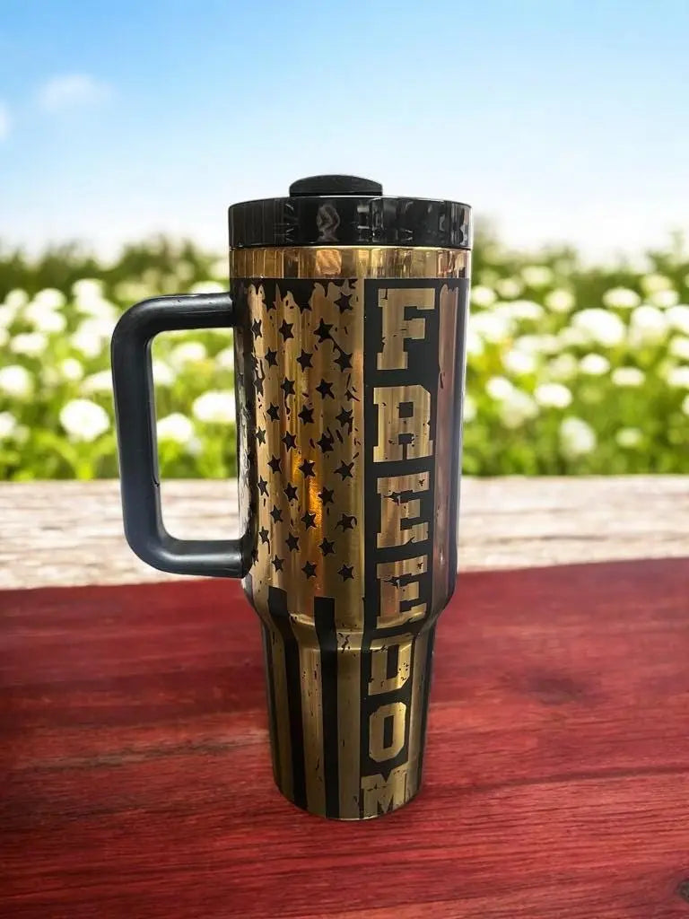 Patriotic 40oz Laser-Engraved Black Tumbler – American Flag & Constitution Design – Customizable USA-Themed Gift Handmadeohio