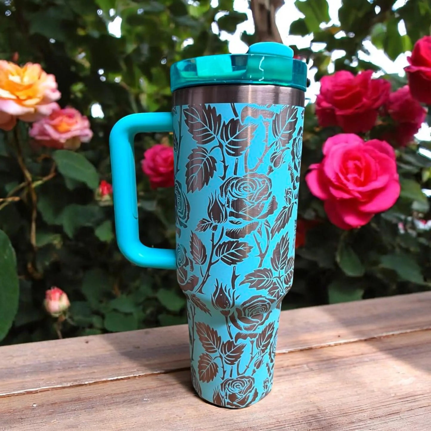 Teal Rose Tumbler: Gold Engraved Stainless Steel 40oz Cup Handmadeohio
