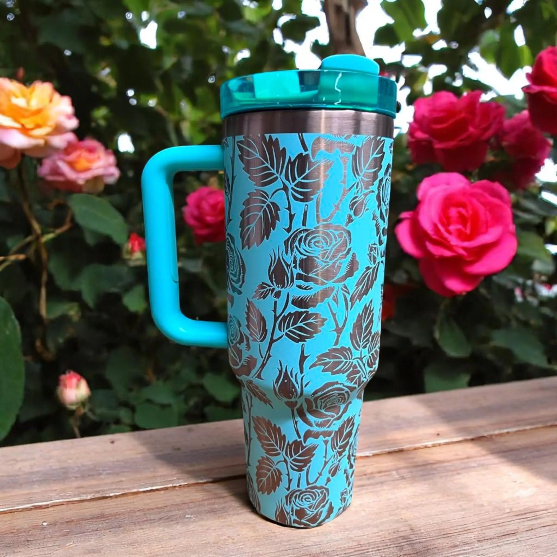 Teal Rose Tumbler: Gold Engraved Stainless Steel 40oz Cup Handmadeohio