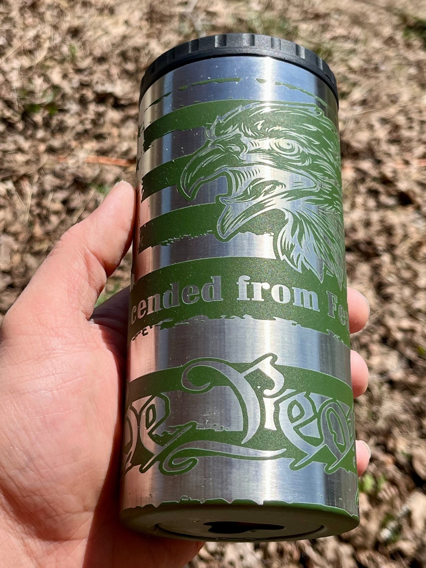 4-in-1 Can Cooler Tumbler with Bottle Opener – Laser Engraved Eagle Design – Insulated Beer & Beverage Holder