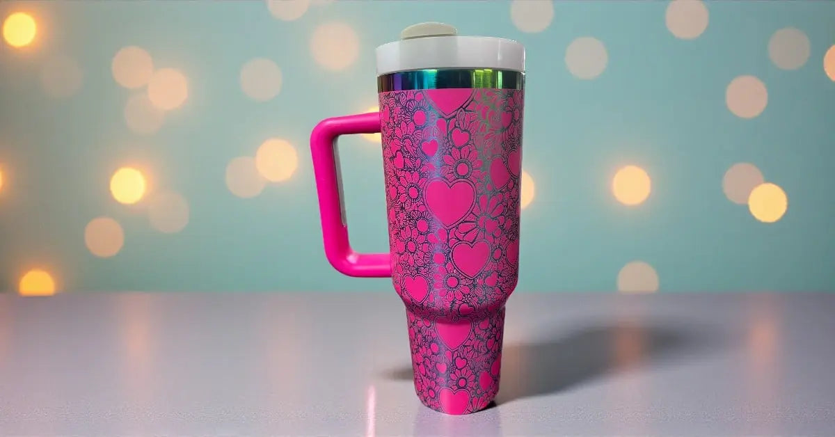 Pink Heart & Floral Laser-Engraved 40oz Tumbler with Handle - Handmadeohio