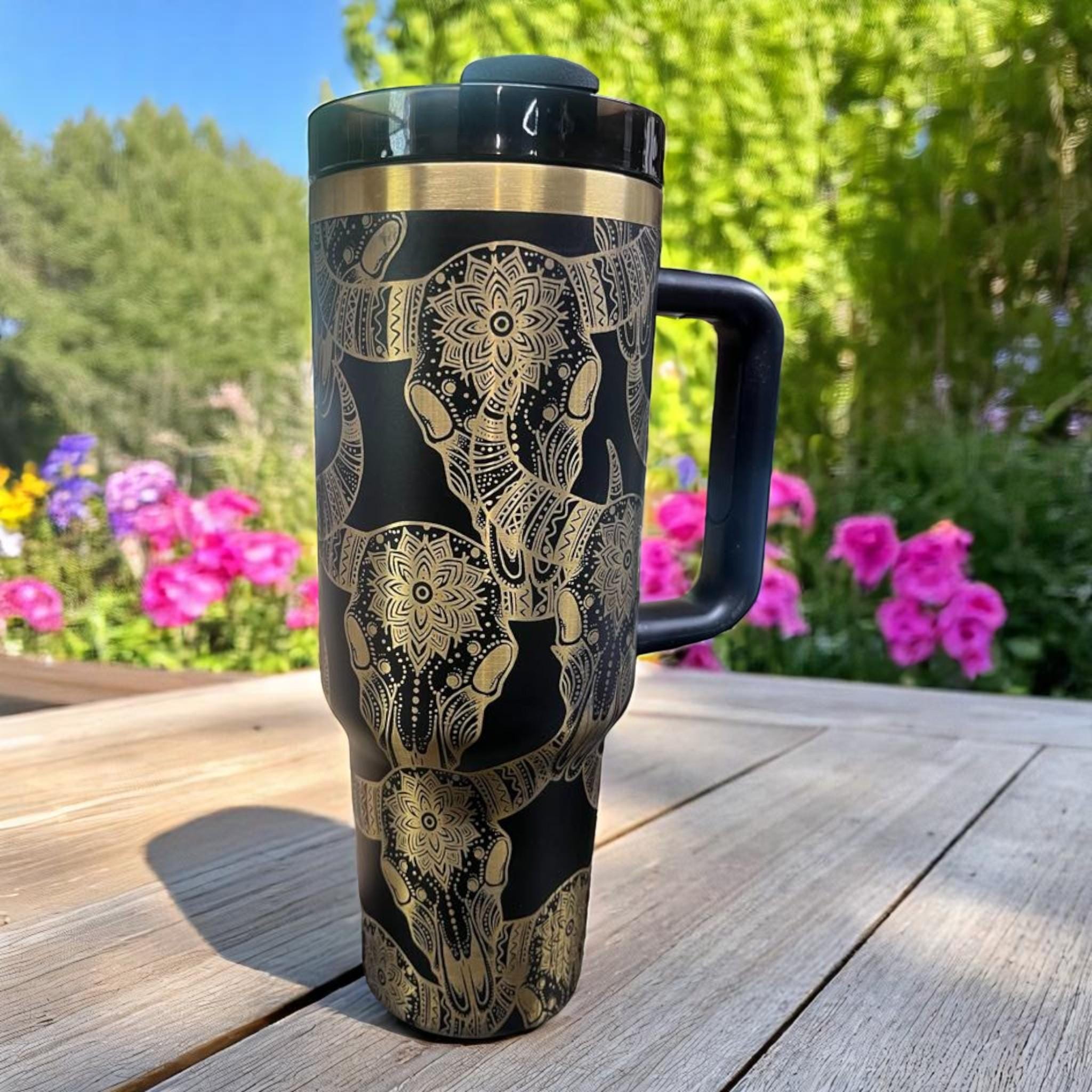 Engraved Gold Longhorn Skull Tumbler: Black Insulated 40oz Western Drinkware
