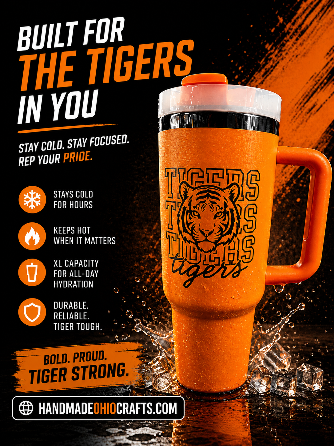 Orange travel mug with tiger design and promotional text on a dark background