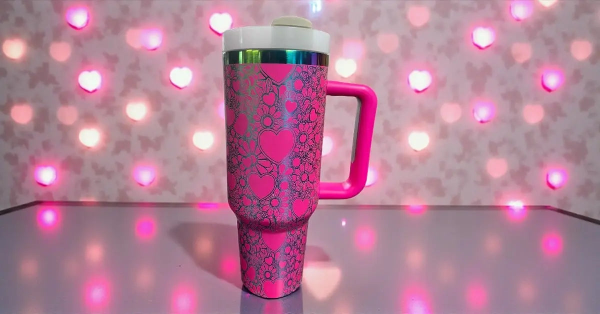 Pink Heart & Floral Laser-Engraved 40oz Tumbler with Handle - Handmadeohio