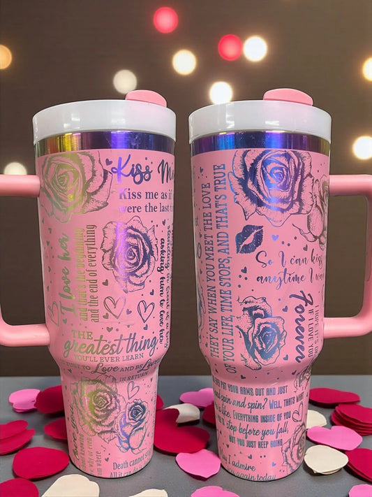 40oz Pink Floral Love Quote Tumbler with Handle Handmadeohio