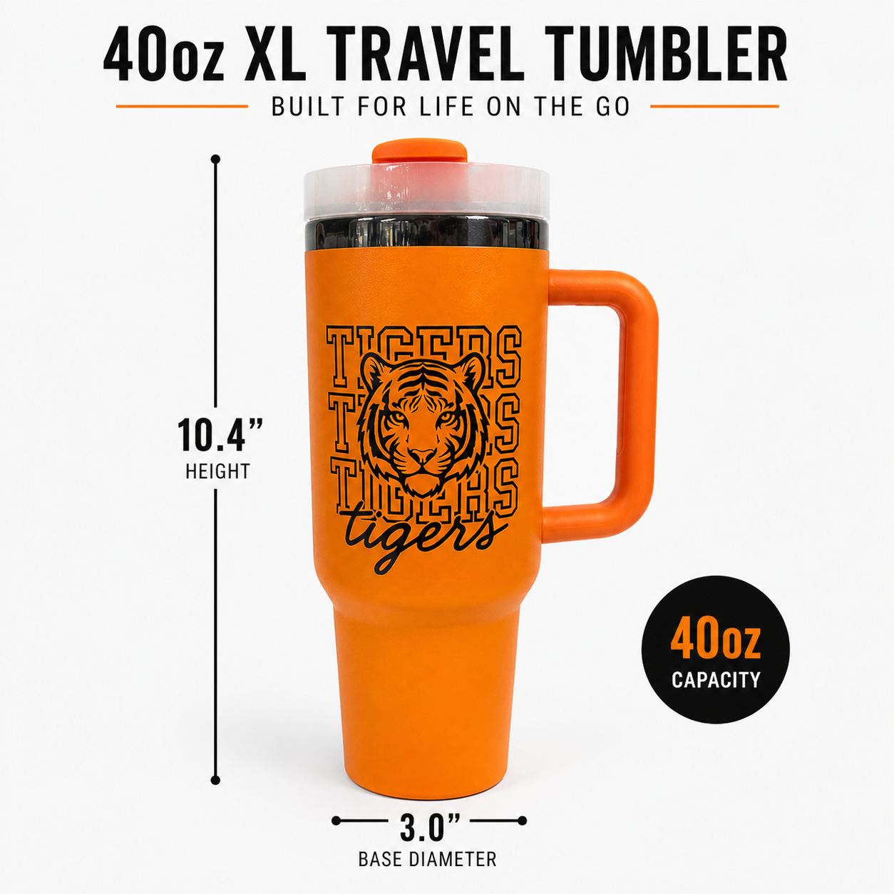     Tigers 40oz insulated tumbler with handle front view