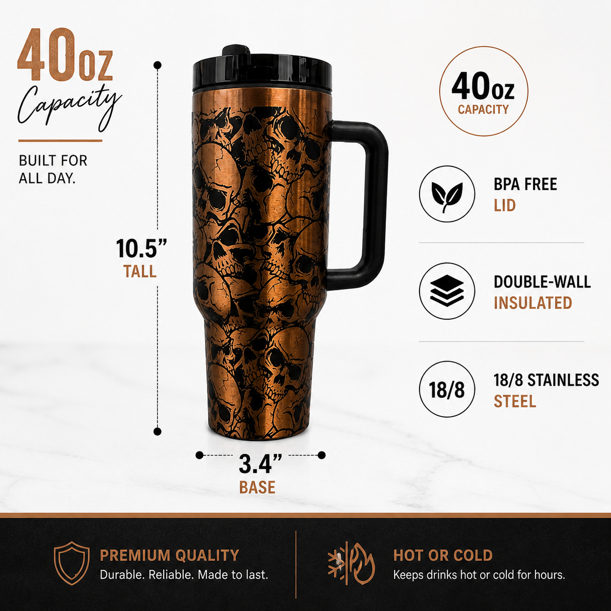 Skull Engraved 40oz Tumbler – Laser Engraved Stainless Steel Travel Mug with Handle