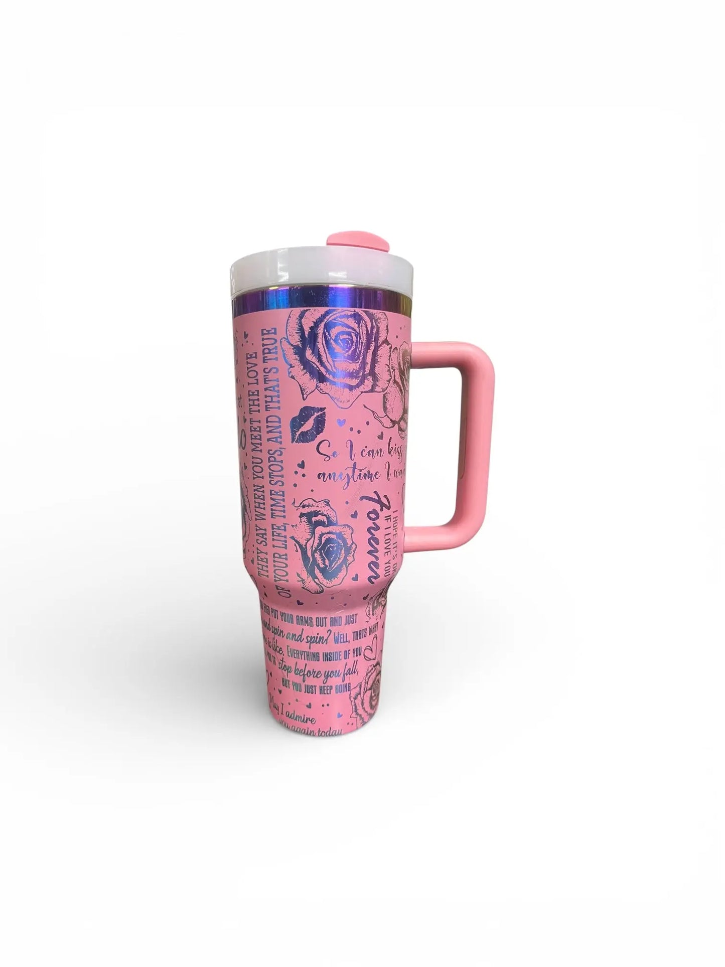 40oz Pink Floral Love Quote Tumbler with Handle Handmadeohio