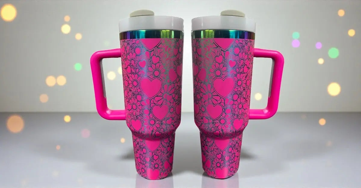 Pink Heart & Floral Laser-Engraved 40oz Tumbler with Handle - Handmadeohio