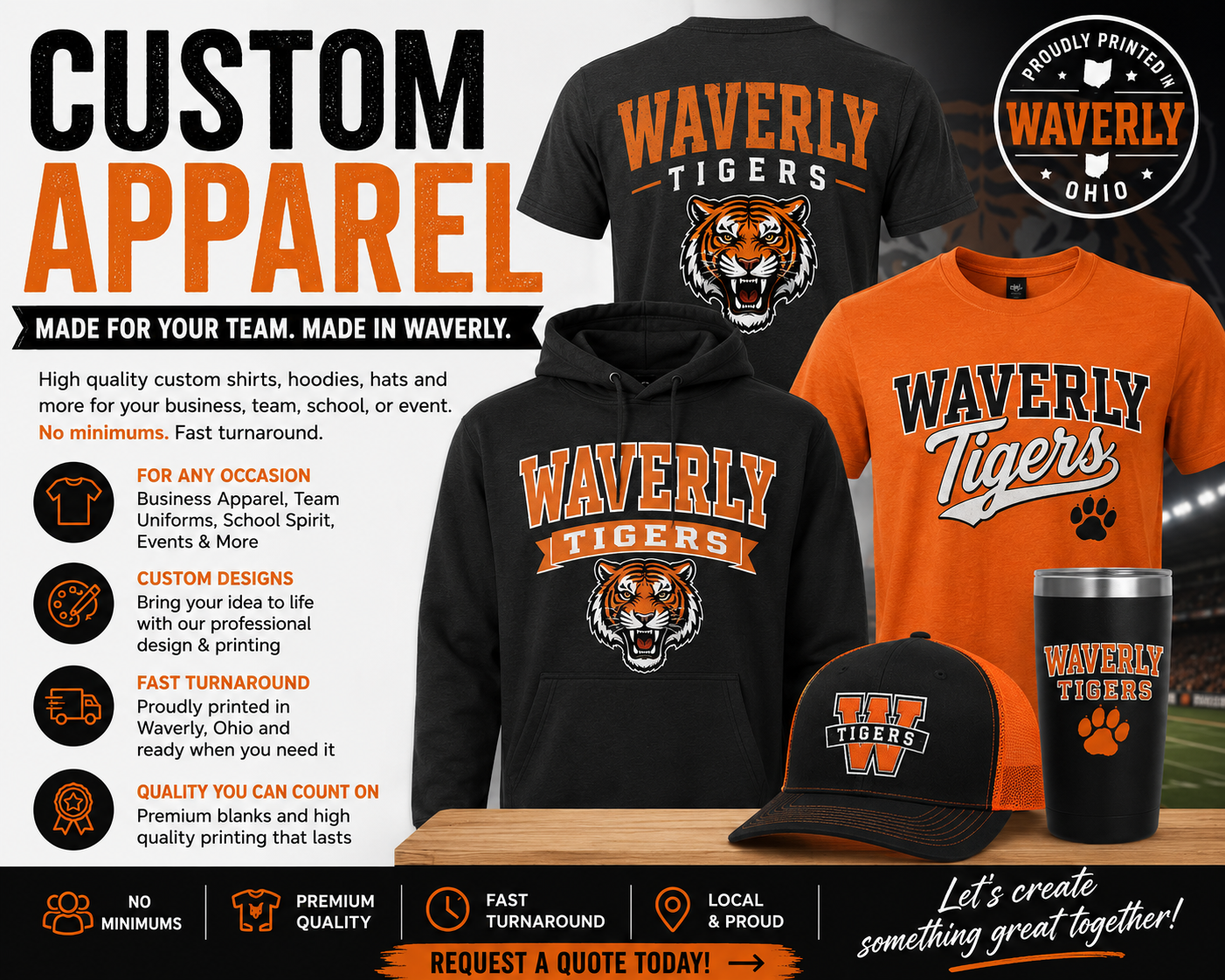 Collection of 'Waverly Tigers' branded apparel including t-shirts, hoodies, hats, and a tumbler on a wooden table with promotional text about custom apparel 