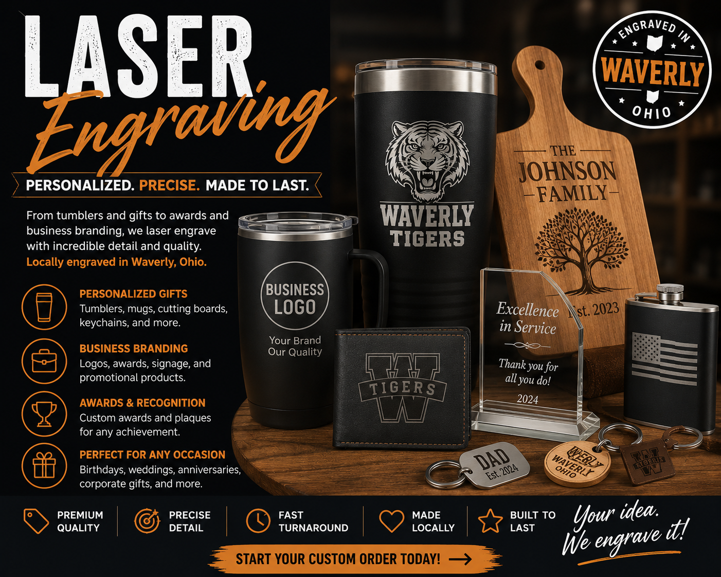 Collection of personalized engraved items including tumblers, cutting board, and plaque on a dark background with Waverly, Ohio branding.