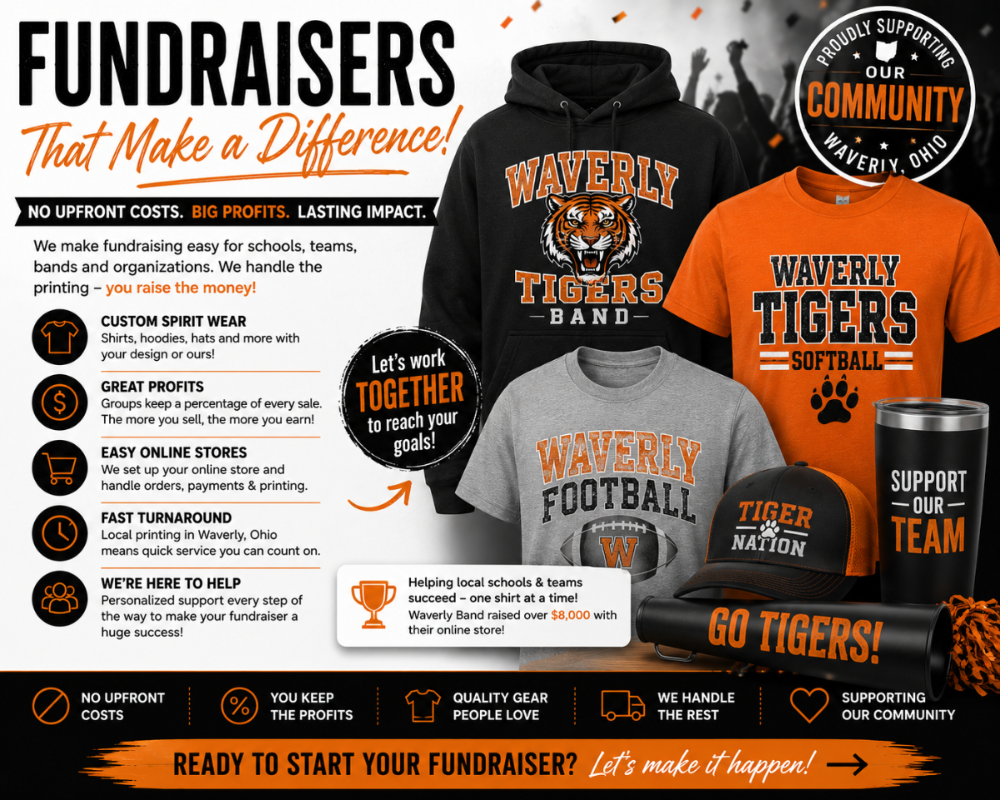 Promotional graphic for Waverly Tigers fundraising products with shirts, hats, and a cup.
