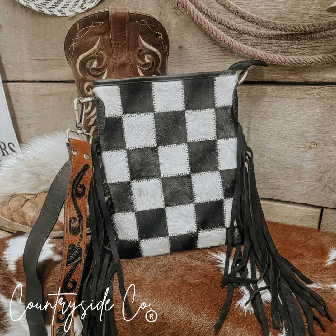 Stockyard Checkered Cowhide Fringe Purse Countryside Co.