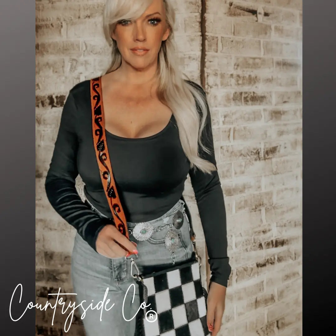 Stockyard Checkered Cowhide Fringe Purse Countryside Co.