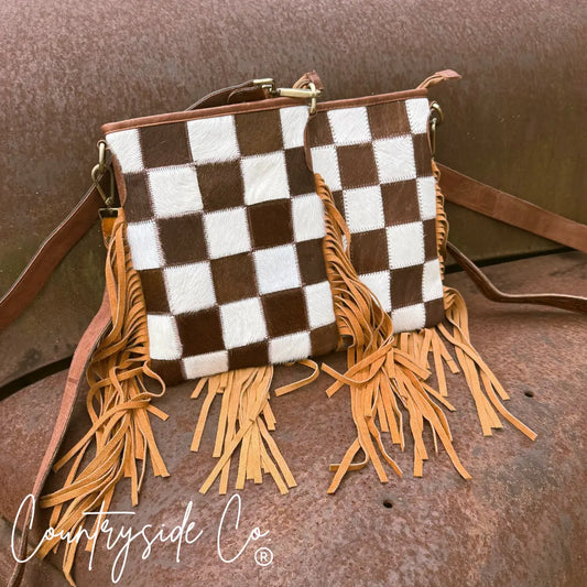 Dixie Checkered Cowhide Fringe Purse Countryside Co.