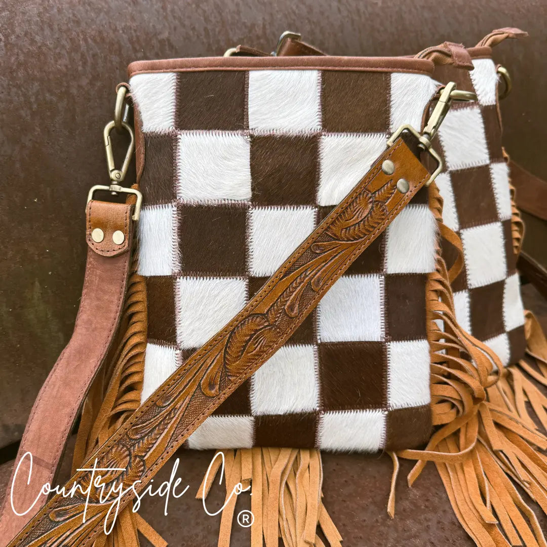 Dixie Checkered Cowhide Fringe Purse Countryside Co.