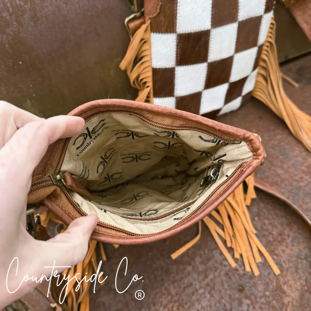 Dixie Checkered Cowhide Fringe Purse Countryside Co.