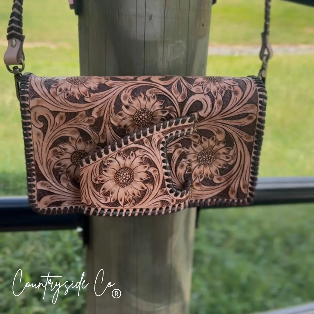 Countryside Charm Tooled Leather Clutch, Purse Countryside Co.