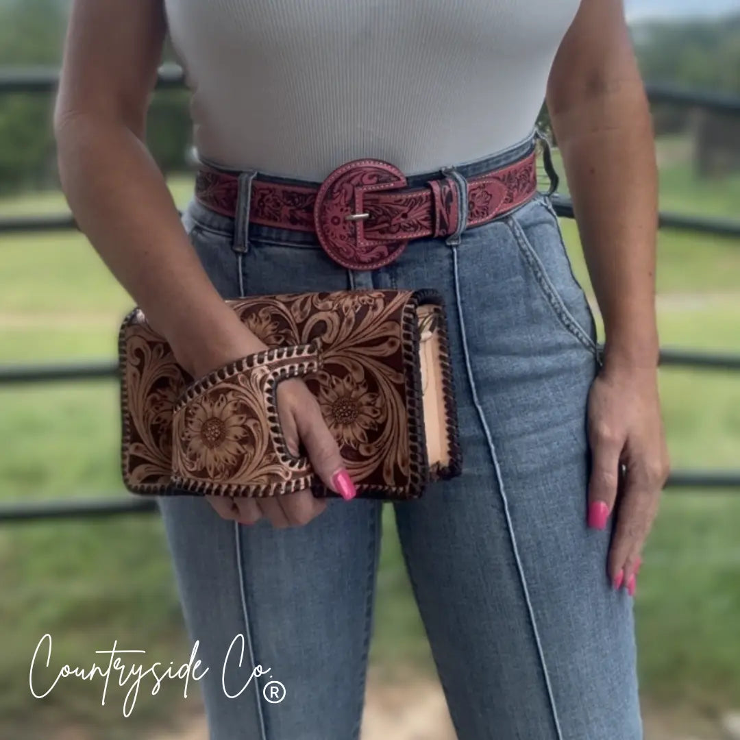 Countryside Charm Tooled Leather Clutch, Purse Countryside Co.