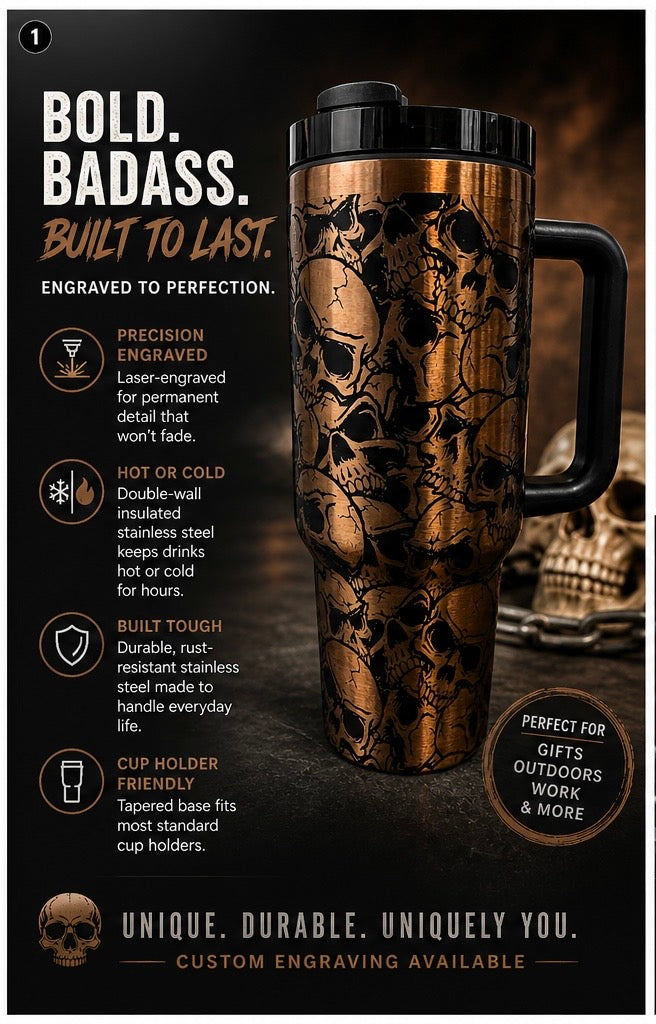 Skull Engraved 40oz Tumbler – Laser Engraved Stainless Steel Travel Mug with Handle