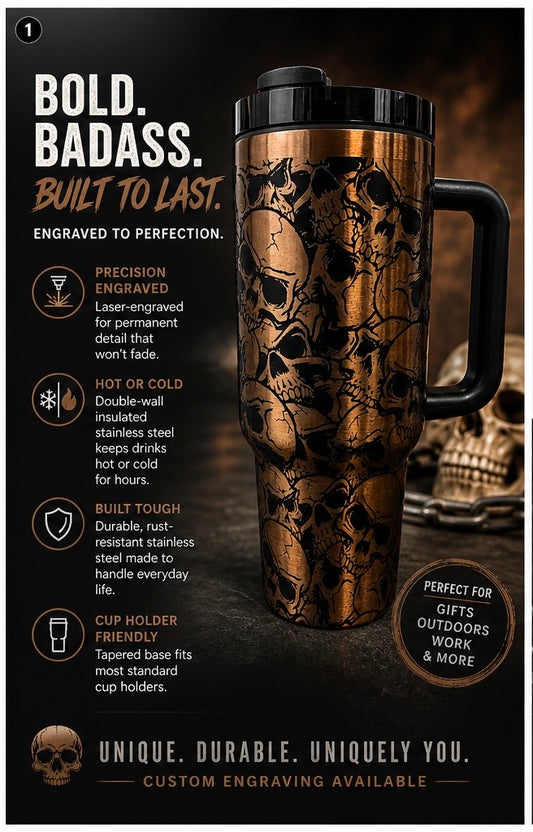 Skull Engraved 40oz Tumbler – Laser Engraved Stainless Steel Travel Mug with Handle
