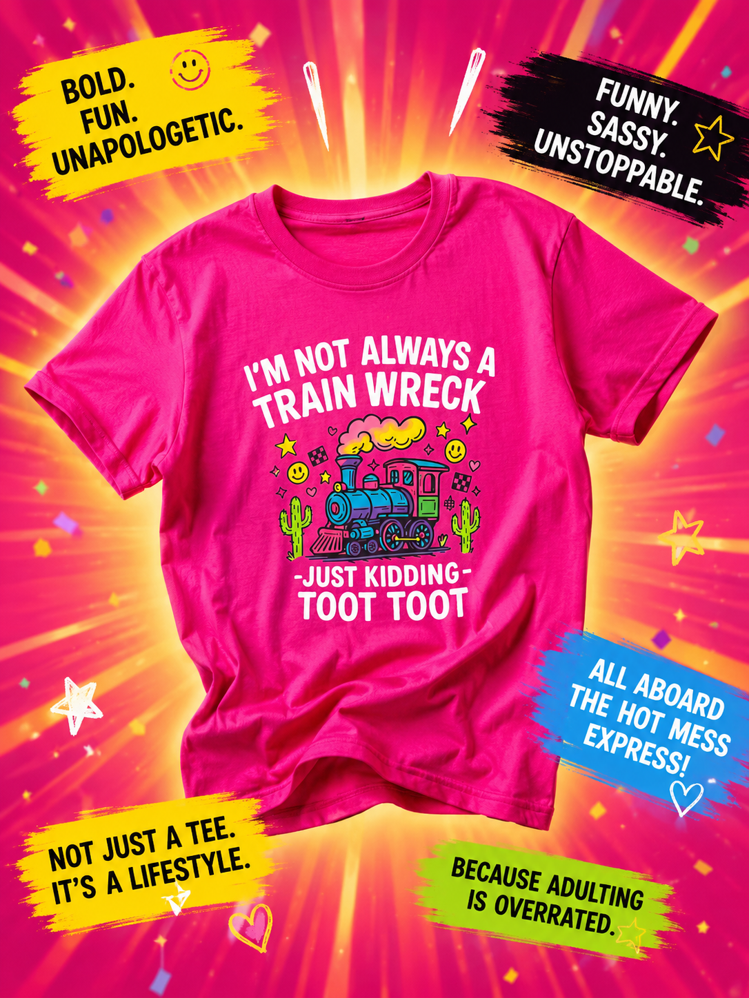 Train Wreck “Toot Toot” Graphic Tee – Funny Hot Pink Shirt