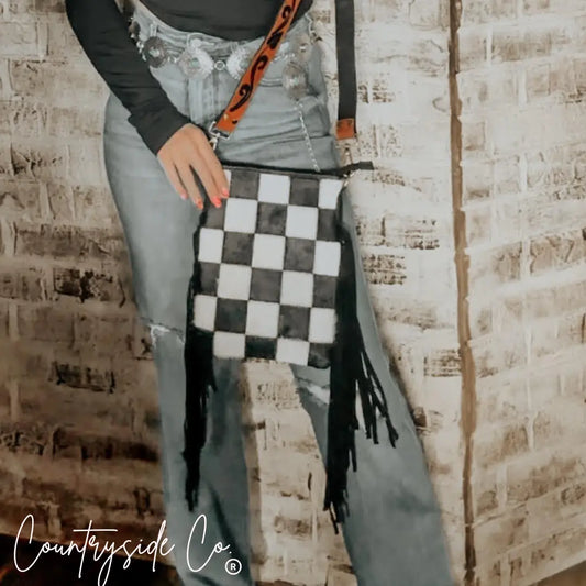 Stockyard Checkered Cowhide Fringe Purse Countryside Co.