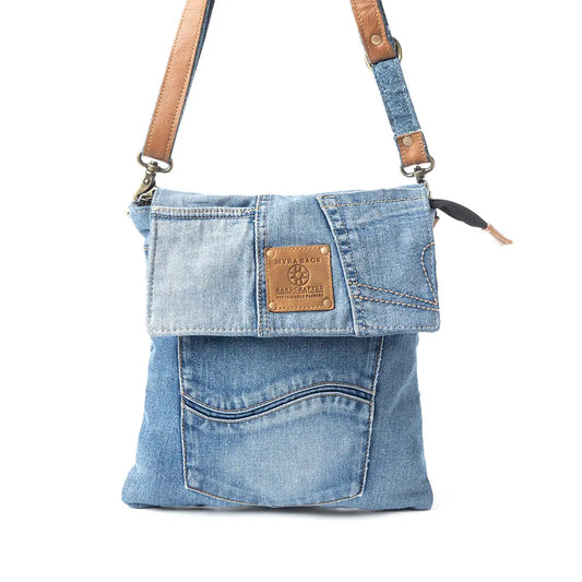 Myra Jaycee's Day Upcycled Denim Crossbody Bag - Foldover Everyday Sling with Leather Strap and Pocket Detail for Laid-Back Vibes Myra USA