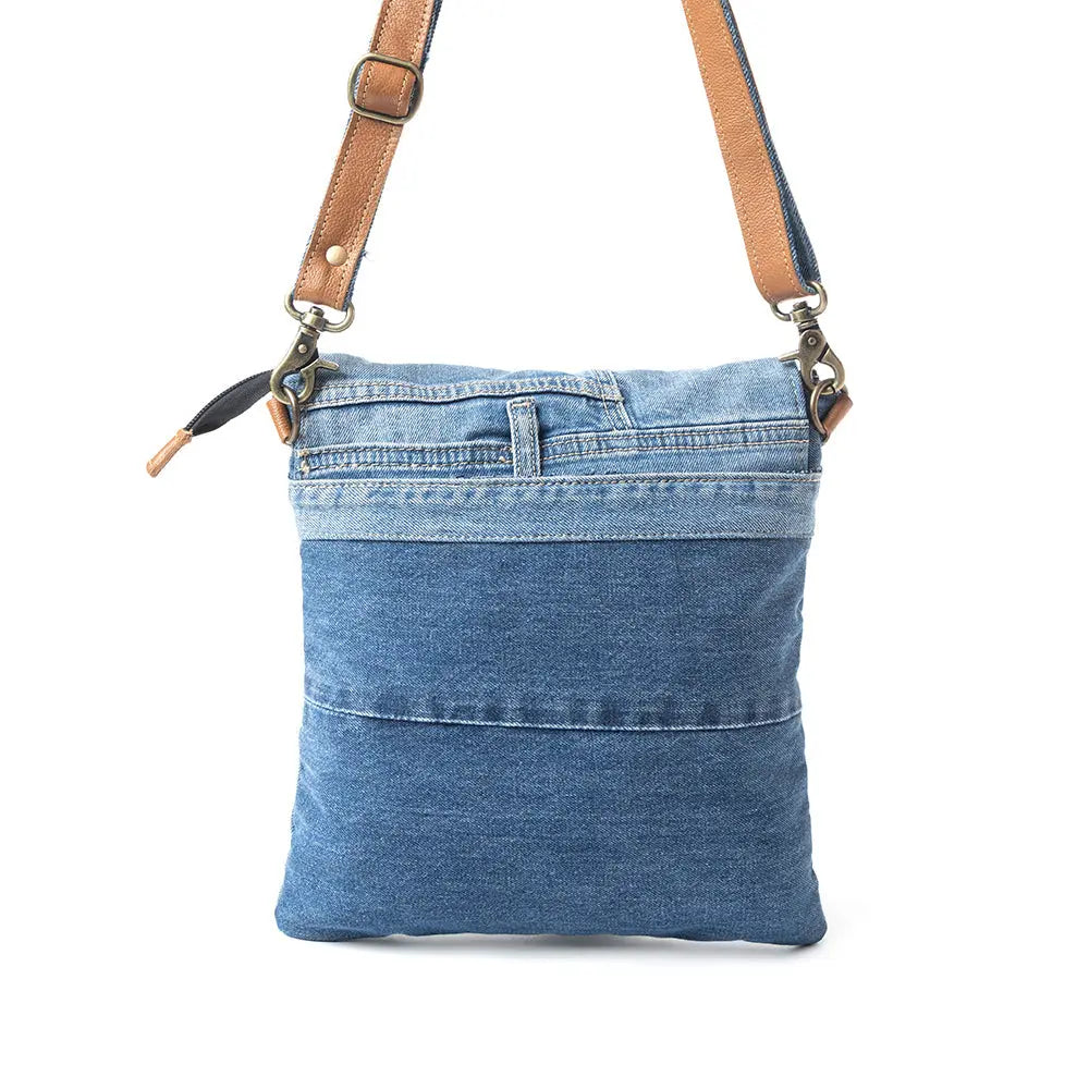 Myra Jaycee's Day Upcycled Denim Crossbody Bag - Foldover Everyday Sling with Leather Strap and Pocket Detail for Laid-Back Vibes Myra USA