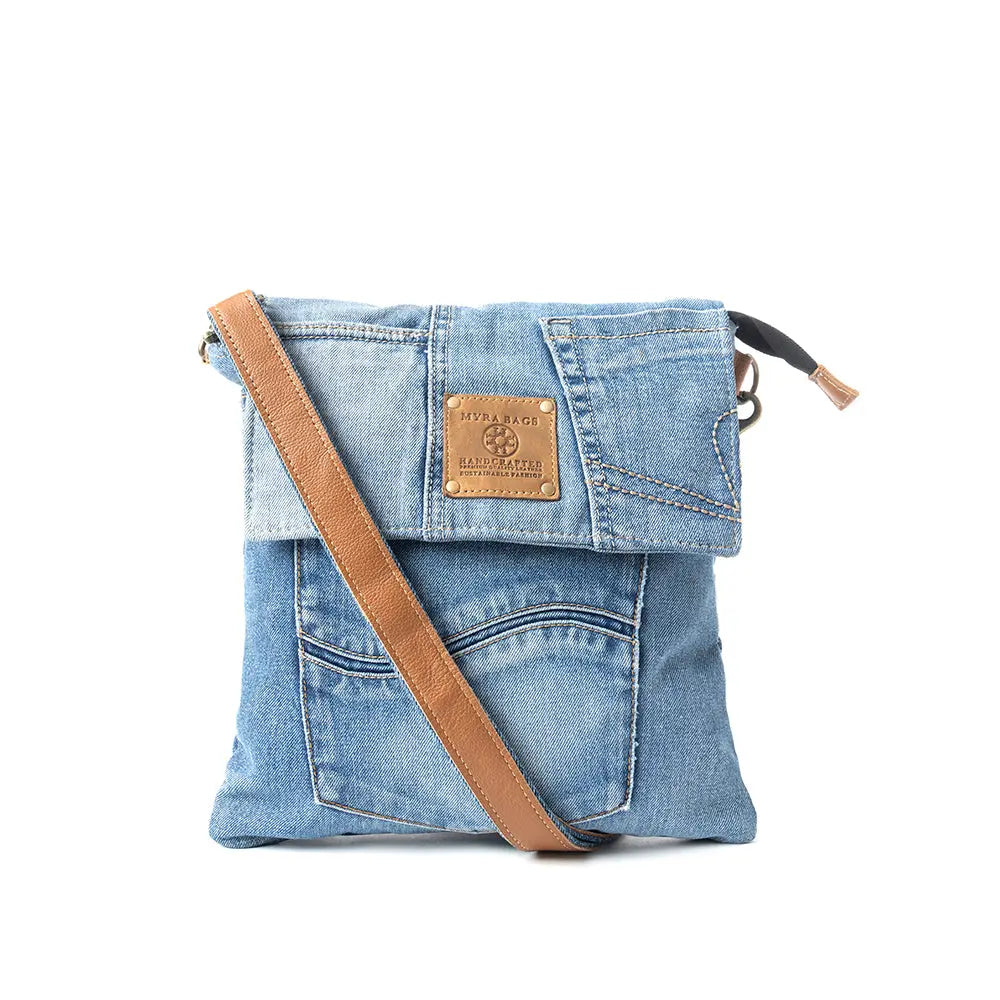 Myra Jaycee's Day Upcycled Denim Crossbody Bag - Foldover Everyday Sling with Leather Strap and Pocket Detail for Laid-Back Vibes Myra USA
