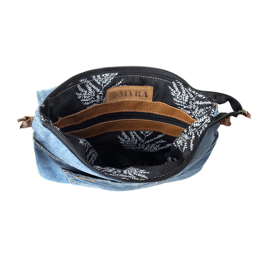 Myra Jaycee's Day Upcycled Denim Crossbody Bag - Foldover Everyday Sling with Leather Strap and Pocket Detail for Laid-Back Vibes Myra USA