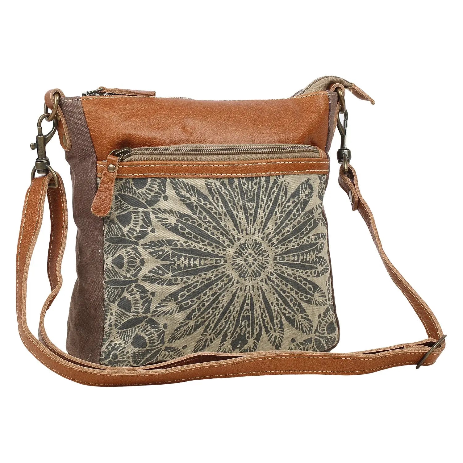 Myra Dizzy Circle Leather Shoulder Bag for Women â€“ Sunburst Floral Print, Adjustable Strap, Rustic Everyday Companion Myra USA