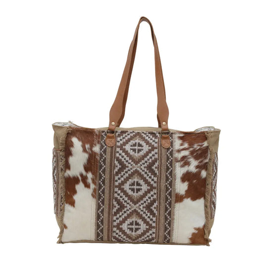 Myra Elisa Leather Weekender Bag - Spacious Cowhide Travel Tote with Tribal Woven Panel and Dual Shoulder Straps Myra USA