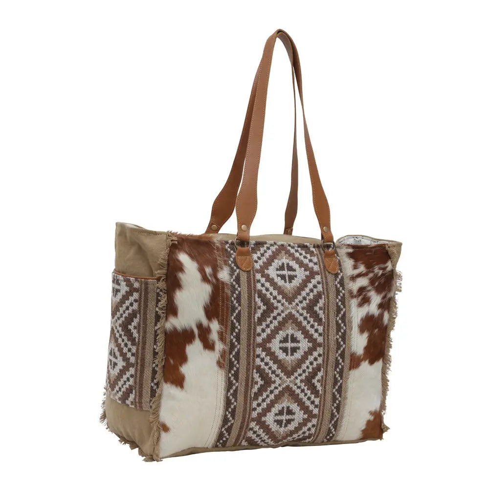Myra Elisa Leather Weekender Bag - Spacious Cowhide Travel Tote with Tribal Woven Panel and Dual Shoulder Straps Myra USA