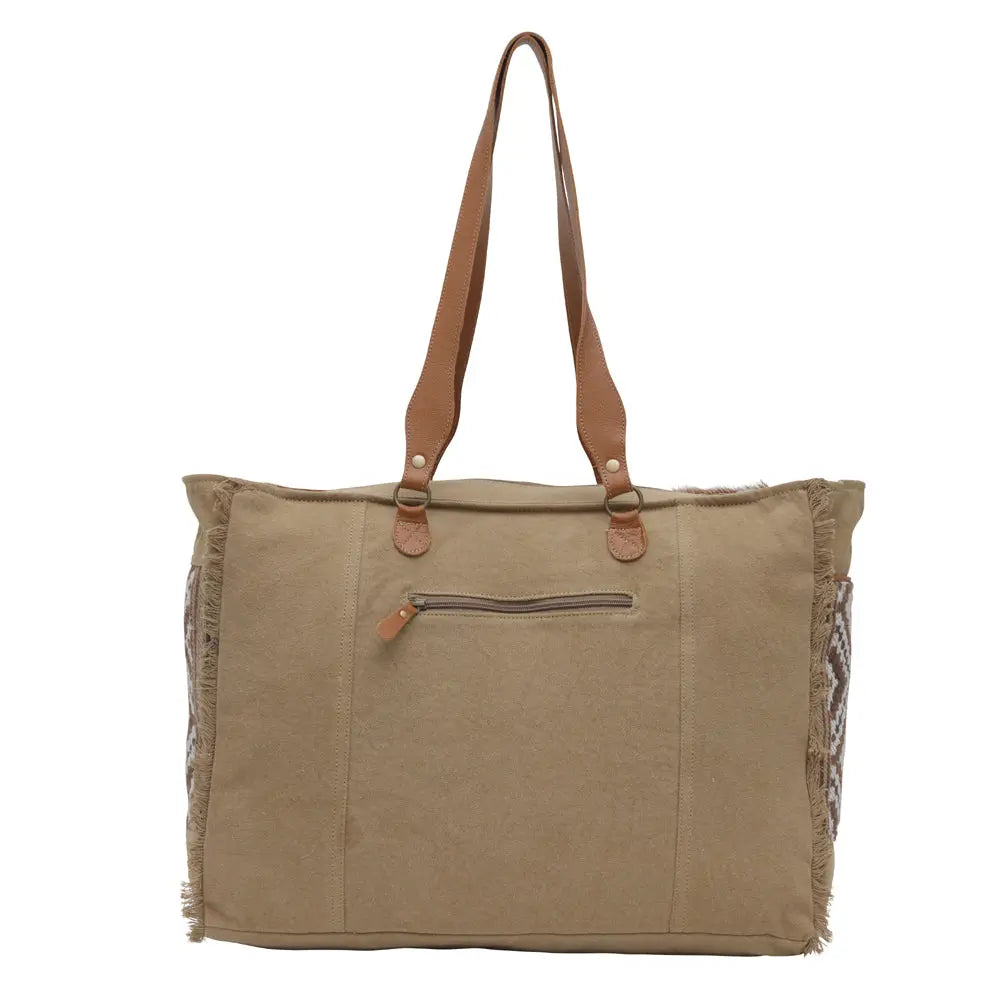Myra Elisa Leather Weekender Bag - Spacious Cowhide Travel Tote with Tribal Woven Panel and Dual Shoulder Straps Myra USA