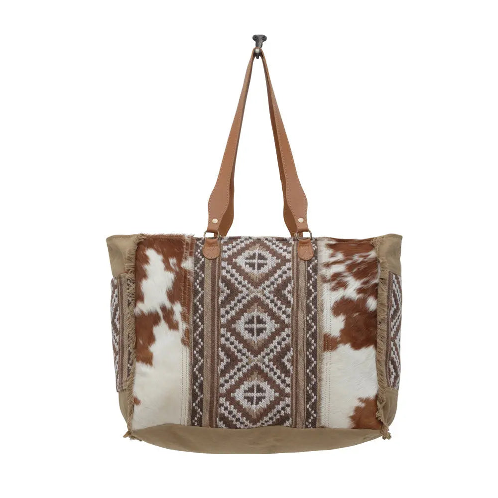Myra Elisa Leather Weekender Bag - Spacious Cowhide Travel Tote with Tribal Woven Panel and Dual Shoulder Straps Myra USA