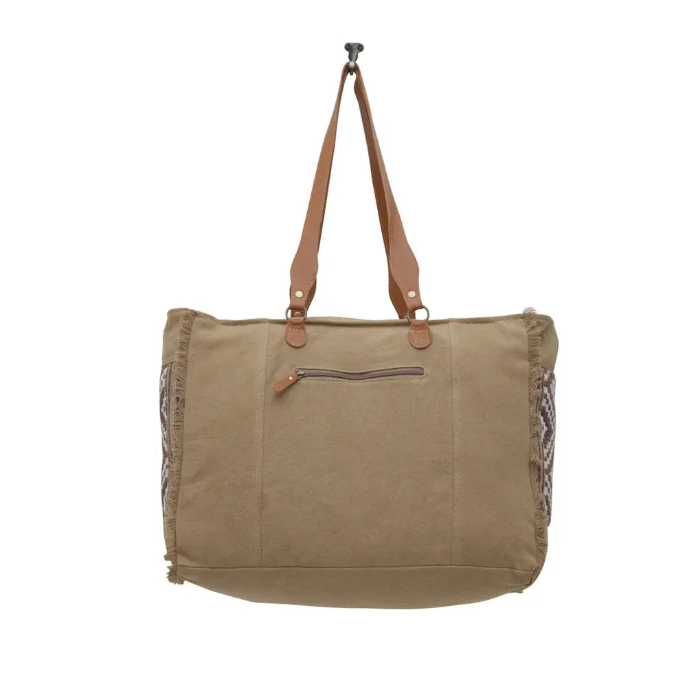 Myra Elisa Leather Weekender Bag - Spacious Cowhide Travel Tote with Tribal Woven Panel and Dual Shoulder Straps Myra USA