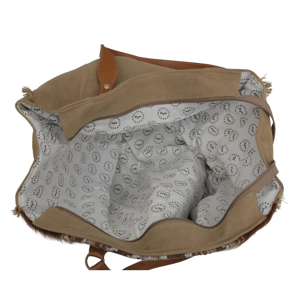 Myra Elisa Leather Weekender Bag - Spacious Cowhide Travel Tote with Tribal Woven Panel and Dual Shoulder Straps Myra USA