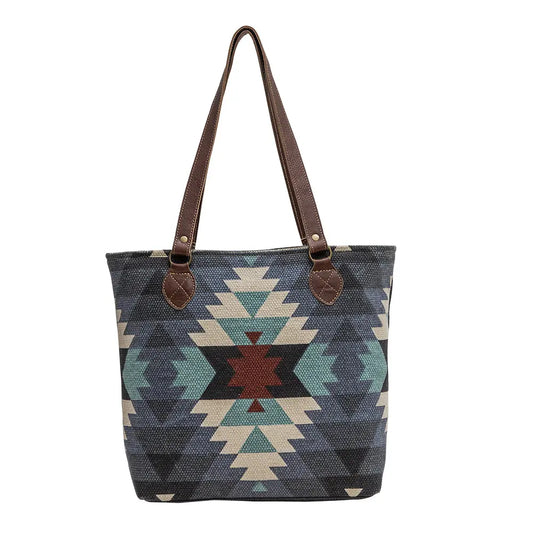 Myra Polos Aztec Canvas Tote for Women â€“ Tribal Print Body with Dual Leather Handles for Everyday Western Style Myra USA