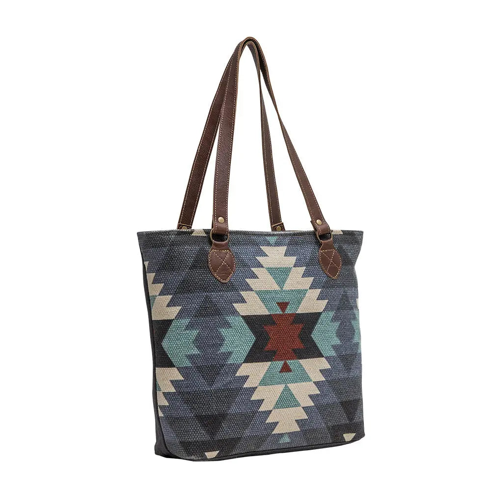 Myra Polos Aztec Canvas Tote for Women â€“ Tribal Print Body with Dual Leather Handles for Everyday Western Style Myra USA
