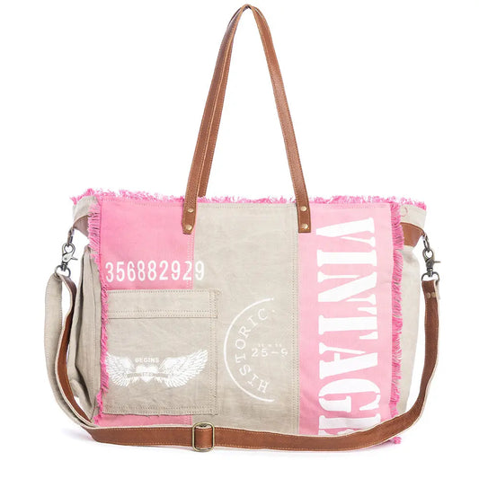 Myra Queen Creek Weekender Bag in Pink - Spacious Leather Travel Tote with Patchwork, Leather Handles, and Playful Retro Vibes Myra USA